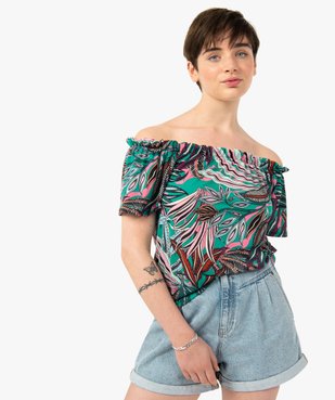 Tee-shirt femme imprimé avec large col froncé vue1 - GEMO(FEMME PAP) - GEMO