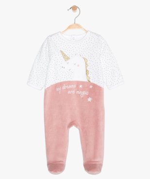 Pyjama bébé en velours motif licorne à pont-dos pressionné vue1 - GEMO(BB COUCHE) - GEMO