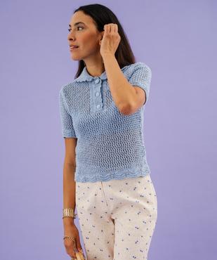 Pull manches courtes en maille ajourée à col Claudine boutonné femme vue1 - GEMO 4G FEMME - GEMO