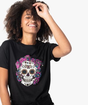 Tee-shirt femme à manches courtes avec motif tête de mort vue2 - GEMO(FEMME PAP) - GEMO