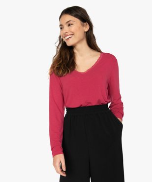 Tee-shirt femme à manches longues et col V en dentelle vue1 - GEMO 4G FEMME - GEMO