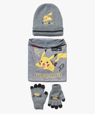 Ensemble garçon : bonnet + gants + écharpe - Pokemon gris fonce