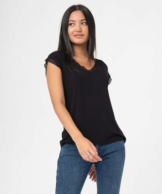 T-shirt manches courtes avec col en V noir femme