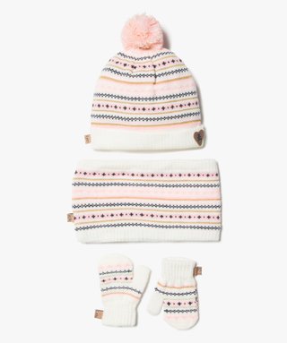 Ensemble tricot bonnet, écharpe, moufles & chaussons bébé
