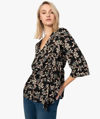 Blouse Femme Gémo T36 Grise Et Rose à Fleurs - Manches 3/4, Style Tunique - Occasion Très Bon état