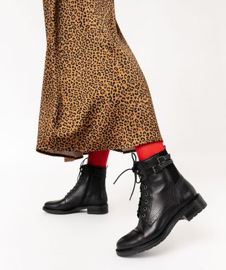 Bottines femme vintage dessus en cuir à lacets et à zip noir