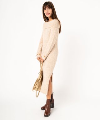 Robe pull col roul longueur midi femme beige GEMO