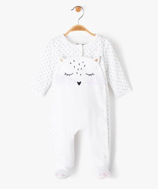 Pyjama bébé fille ouverture devant avec motif chat blanc