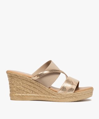 Mules femme a talon compense et bride elastique dorees