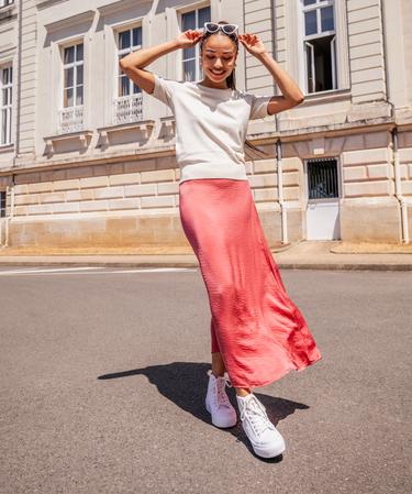 Jupe longue en matière satinée femme rose GEMO