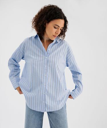 Chemise rayée coupe oversize en coton femme bleu ciel | GEMO