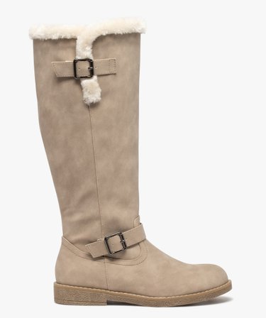 Bottes femme a talon plat dessus uni et col duveteux blanc GEMO