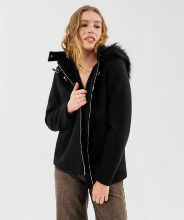 Manteau court à capuche bordée de fourrure imitation femme noir | GEMO