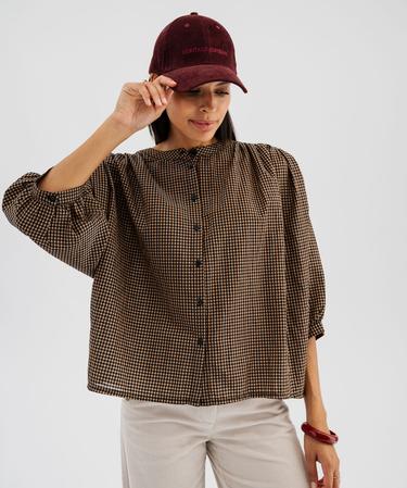 Blouse ample à manches 3/4 à carreaux femme marron | GEMO