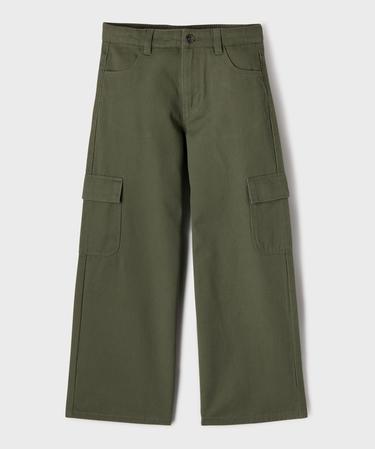 Pantalon cargo large en coton uni fille kaki | GEMO
