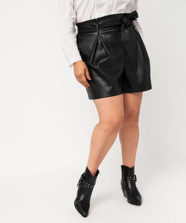 Short ample à taille haute ceinturée en cuir imitation noir GEMO
