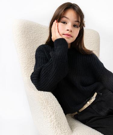 Pull Fille F&F 9-10 Ans, Col Simulé Noir, Manches Longues, En Viscose Extensible, Bon état