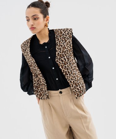 GORGLITTER Gilet sans manches pour femme - Léger - En peluche - Imprimé léopard - Veste d'hiver avec boutons - Gilet léopard - Veste bloc de couleurs, Effet léopard, XS