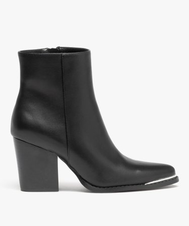 Boots femme unies a talon haut carre et bout pointu a lis. noir GEMO