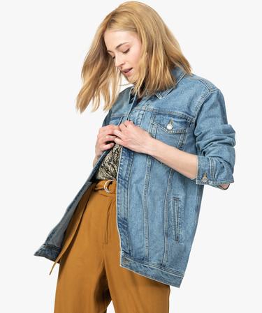 Veste en jean femme coupe longue et fermeture zippée bleu GEMO