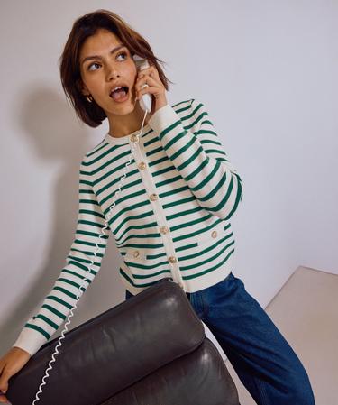 Gilet rayé en maille viscose douce et épaisse femme ecru | GEMO