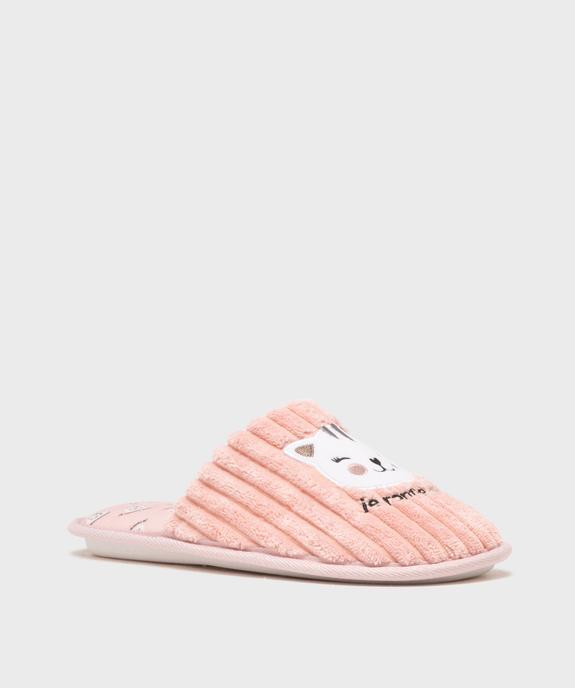 Chaussons mules en velours éponge côtelé motif chat femme vue2 - GEMO(HOMWR FEM) - GEMO