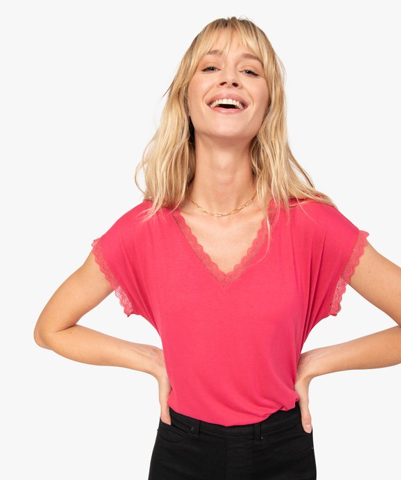 Tee-shirt femme à manches courtes avec col V en dentelle vue2 - GEMO 4G FEMME - GEMO