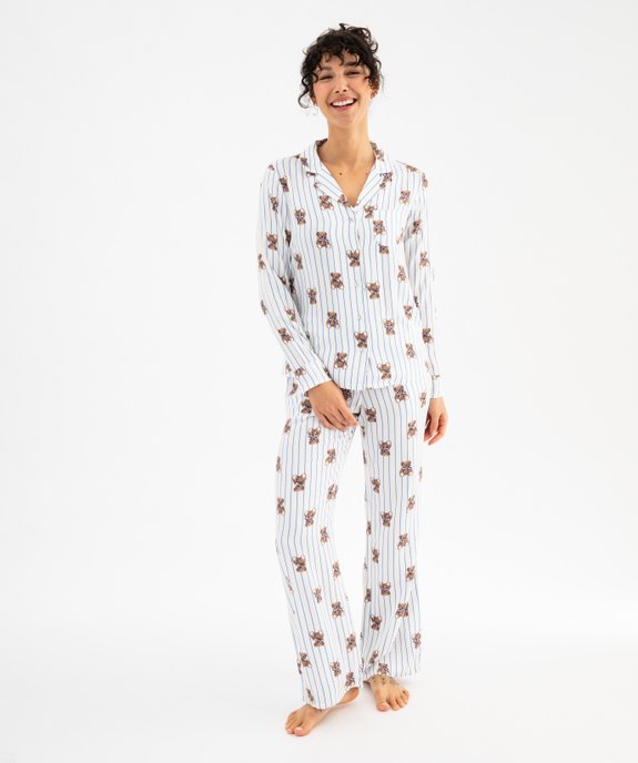 Pyjama à rayures et motifs oursons femme - LuluCastagnette vue3 - LULUCASTAGNETTE - GEMO