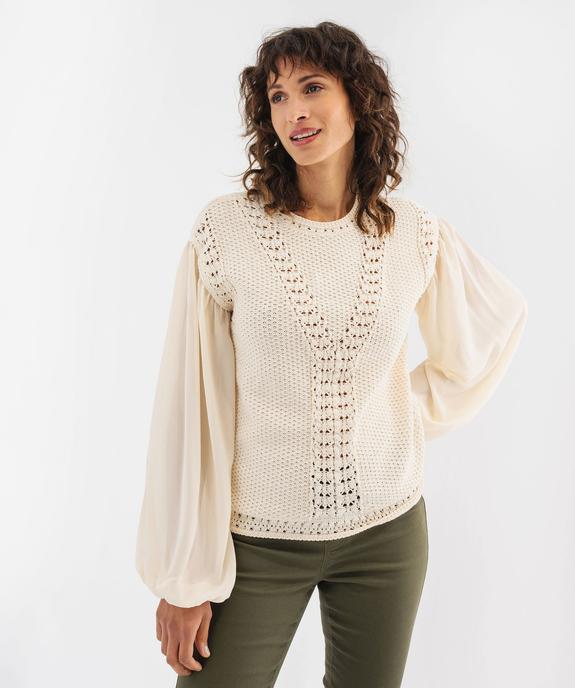 Pull en  maille ajourée à manches blousantes en voile femme vue1 - GEMO 4G FEMME - GEMO
