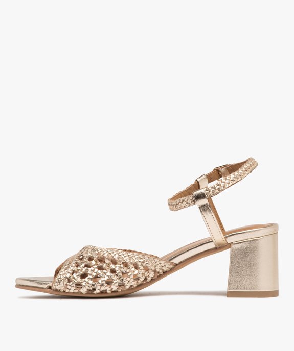 Sandales femme à talon carré avec bandeau en cuir tressé métallisé - Taneo vue3 - TANEO - GEMO