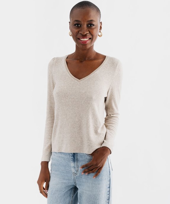 Tee-shirt manches longues avec col V à motifs pailletés femme vue6 - GEMO(FEMME PAP) - GEMO