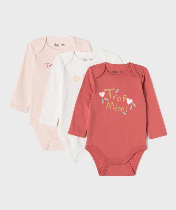 Bodies manches longues avec messages bébé fille (lot de 3) vue1 - GEMO 4G BEBE - GEMO