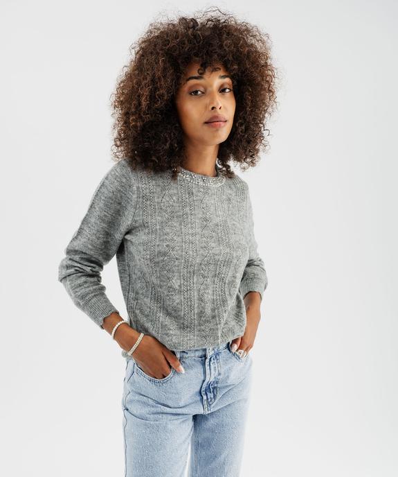 Pull en maille ajourée avec strass sur le col femme vue3 - GEMO(FEMME PAP) - GEMO