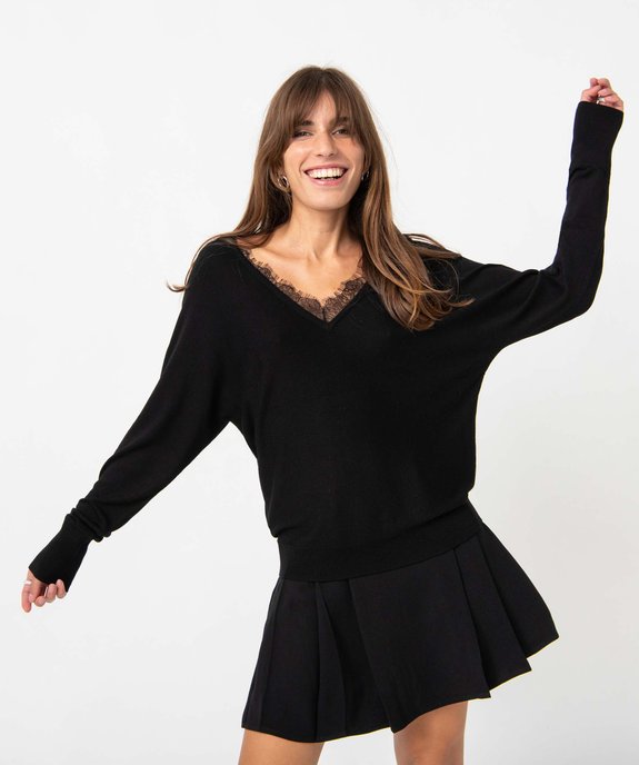 Pull femme en maille fine avec double col V bordé de dentelle vue5 - GEMO 4G FEMME - GEMO