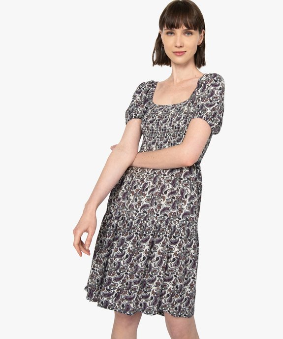 Robe femme imprimée à manches courtes avec buste smocké vue1 - GEMO(FEMME PAP) - GEMO