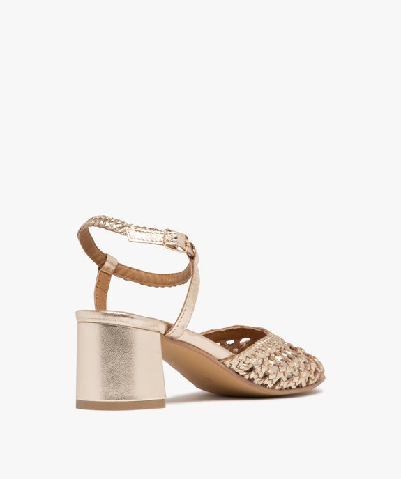 Sandales femme à talon carré avec bandeau en cuir tressé métallisé - Taneo vue4 - TANEO - GEMO
