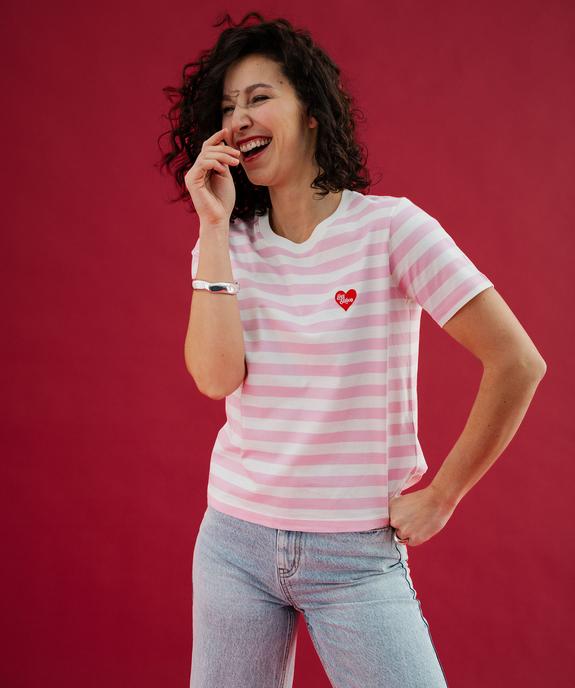 Tee-shirt manches courtes à rayures avec coeur brodé femme vue5 - GEMO(FEMME PAP) - GEMO