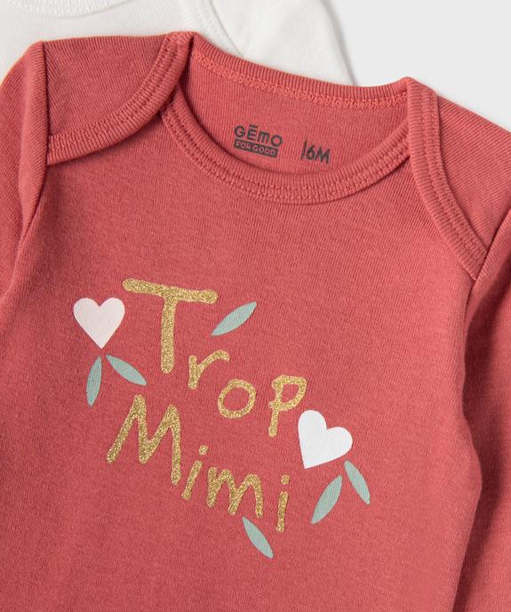 Bodies manches longues avec messages bébé fille (lot de 3) vue3 - GEMO 4G BEBE - GEMO