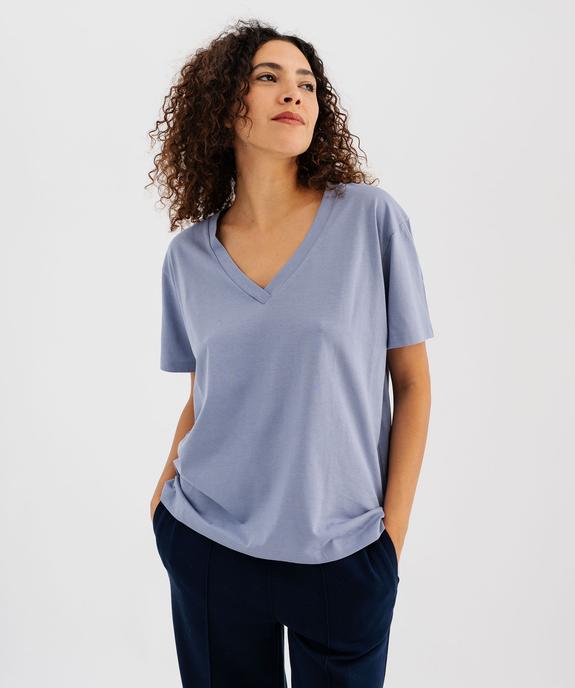 Tee-shirt manches courtes col V uni en coton femme vue1 - GEMO 4G FEMME - GEMO