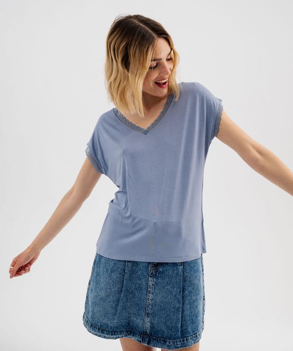 Tee-shirt à manches courtes et col V en dentelle coupe loose femme vue1 - GEMO 4G FEMME - GEMO