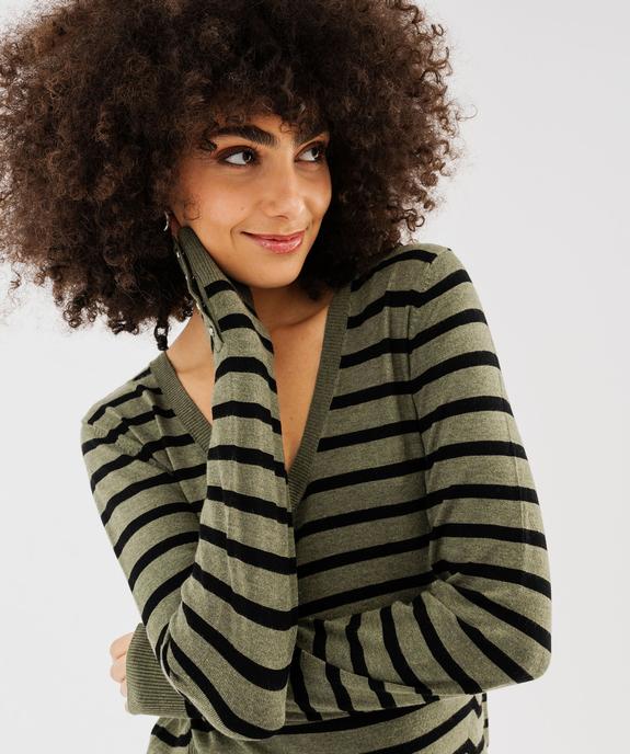 Pull rayé à col V avec boutons aux poignets femme vue2 - GEMO 4G FEMME - GEMO