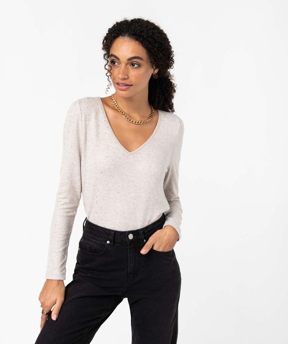 Tee-shirt manches longues avec col V à motifs pailletés femme vue2 - GEMO(FEMME PAP) - GEMO