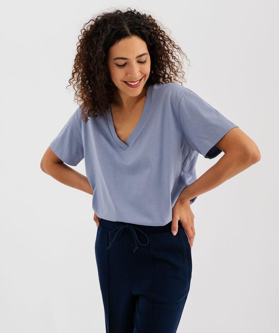 Tee-shirt manches courtes col V uni en coton femme vue2 - GEMO 4G FEMME - GEMO