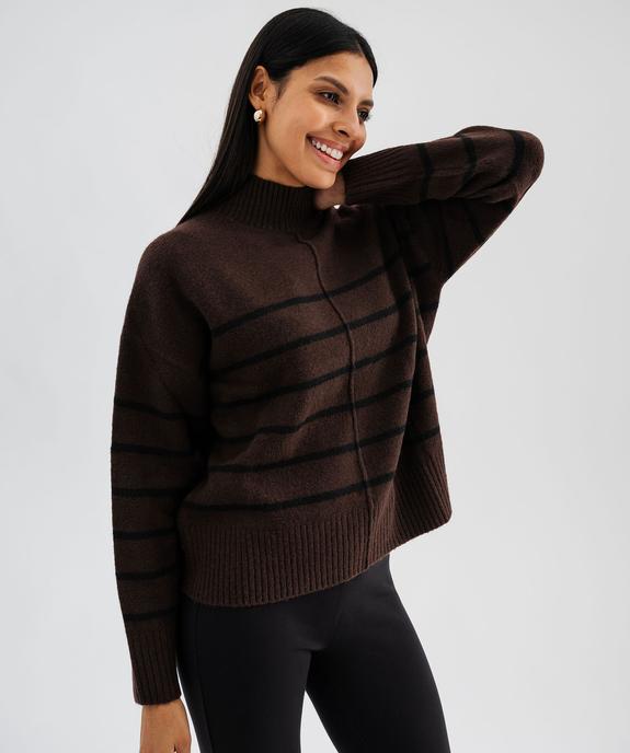 Pull col montant rayé avec couture sur l’avant femme vue1 - GEMO(FEMME PAP) - GEMO