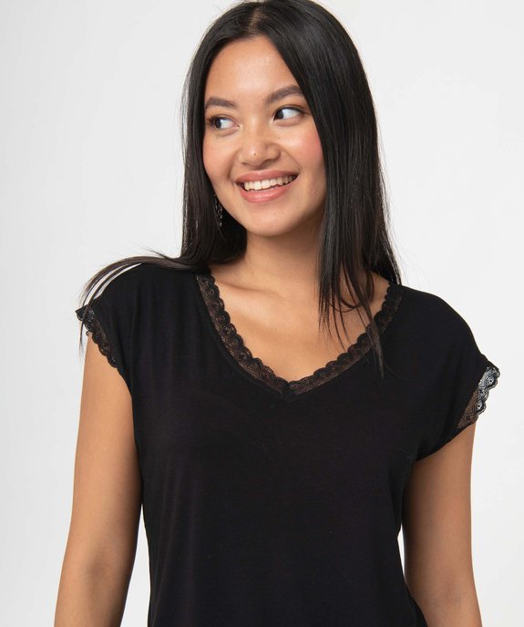 Tee-shirt femme à manches courtes avec col V en dentelle vue2 - GEMO 4G FEMME - GEMO