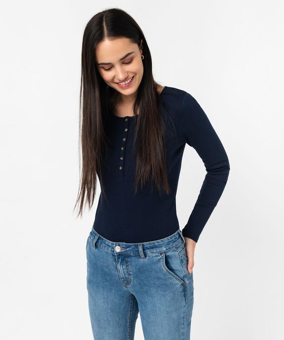 Tee-shirt manches longues col tunisien en maille côtelée femme vue1 - GEMO 4G FEMME - GEMO