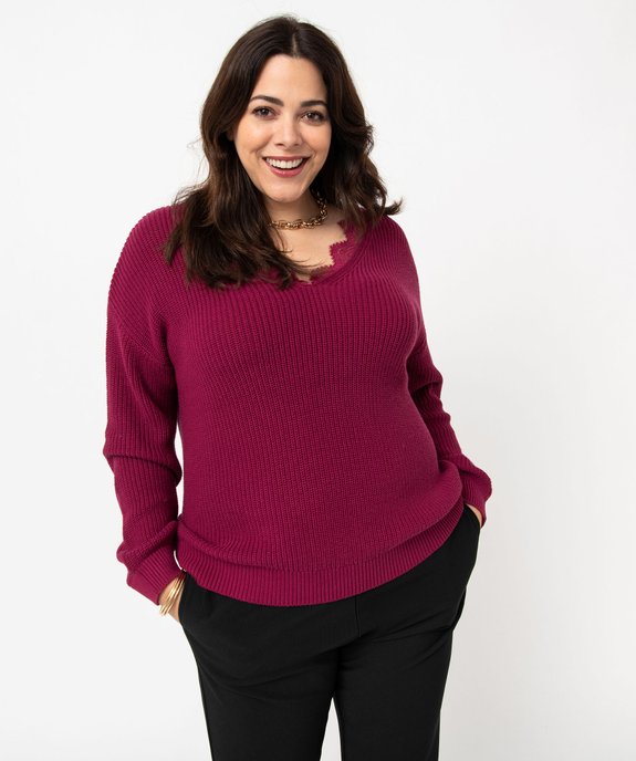 Pull grosse maille avec décolleté V en dentelle femme grande taille vue2 - GEMO (G TAILLE) - GEMO