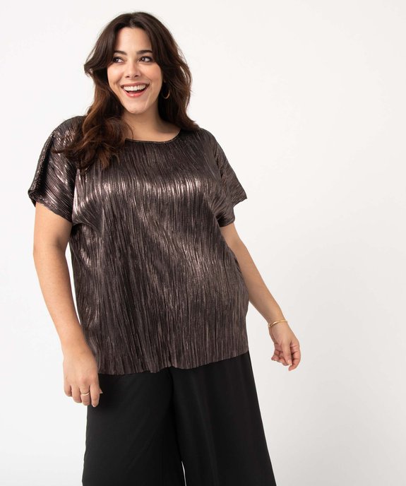 Tee-shirt femme grande taille loose en maille plissée scintillante vue1 - GEMO (G TAILLE) - GEMO