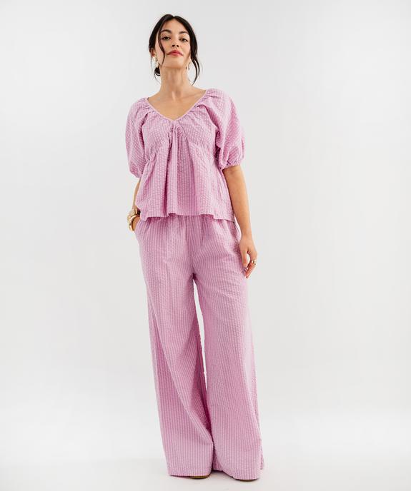 Pantalon ample en coton gaufré avec taille élastique femme vue4 - GEMO(FEMME PAP) - GEMO