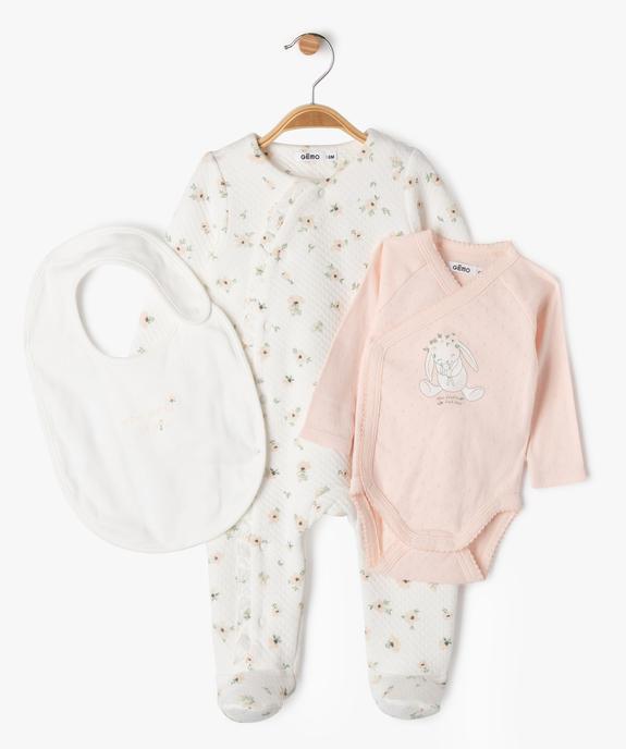 Ensemble 3 pièces bébé fille pyjama + body manches longues + bavoir vue1 - GEMO(BB COUCHE) - GEMO